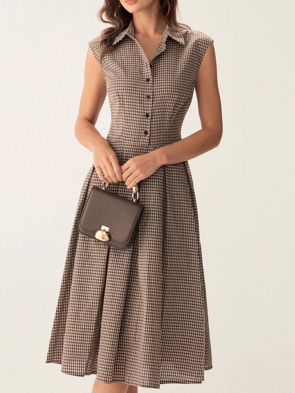 Rihoas Brown Plaid Button Pleated Midi Dress